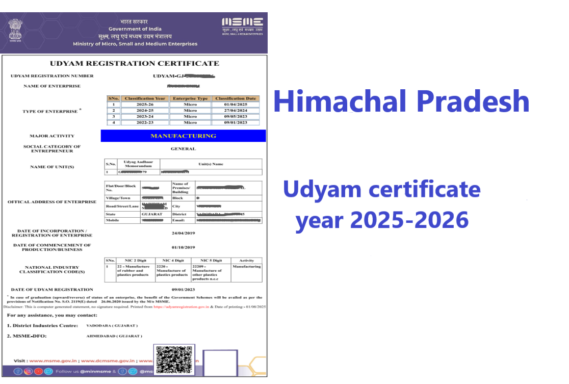 Himachal Pradesh Udyam Certificate Year 2025-2026
